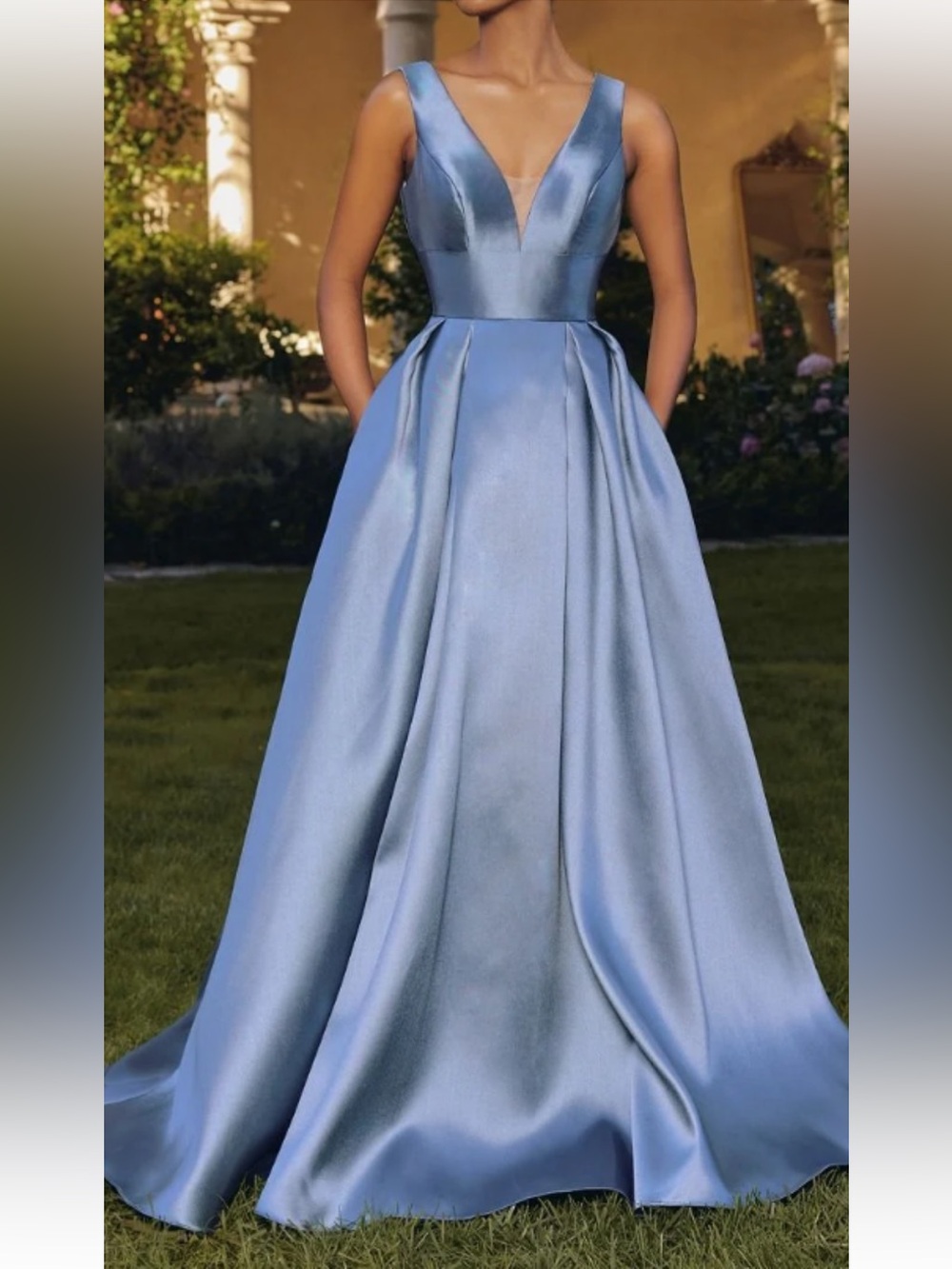 Elegant cornflower Blue Satin A-Line Evening Dress